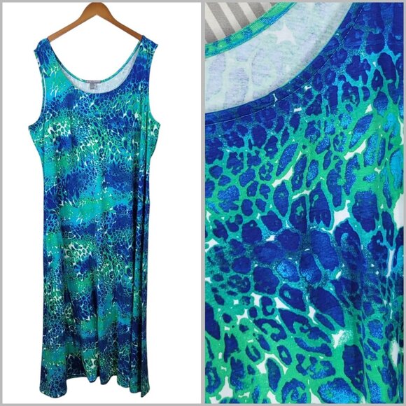 Jessica London Shirt Dress Plus size 26/28W 4X Casual Blue Green Midi Cheetah - Picture 1 of 6